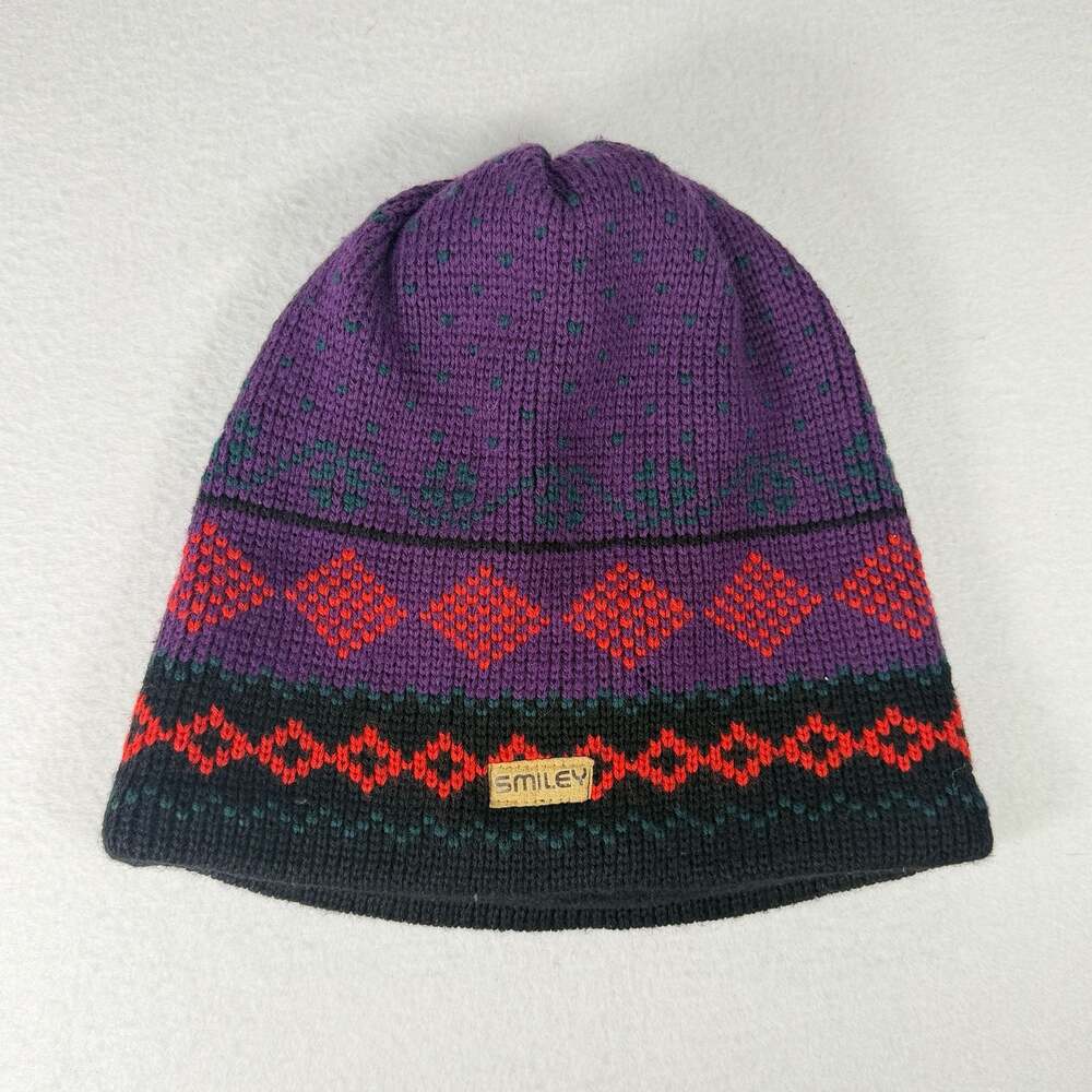 Vintage 90s Smiley 100% Wool Knit Beanie Purple Geometric Pattern Made USA